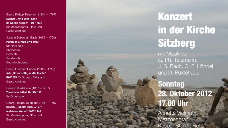 Konzert in der Kirche Sitzberg mit Musik von  G. Ph. Telemann,  J. S. Bach, G. F. H&auml;ndel  und D. Buxtehude